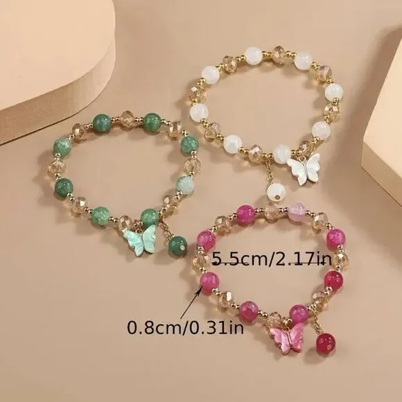 3pcs Elegant Bohemian Glass Bead Bracelet Set w/ Butterfly Charms - Picture 2 of 2